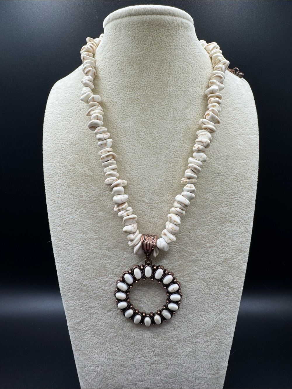 Western Style Faux White Turquoise Beaded Necklace with Copper Tone Pendant NWOT